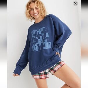 Aerie Down To Earth Navy Graphic Sweatshirt Large Oversized Checker Crewneck